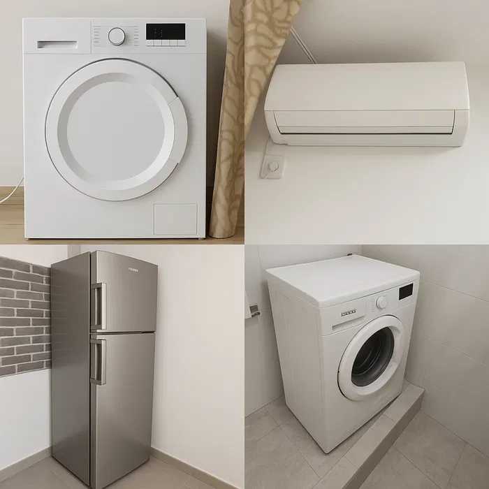 O mașină de spălat și uscat albă într-o cameră