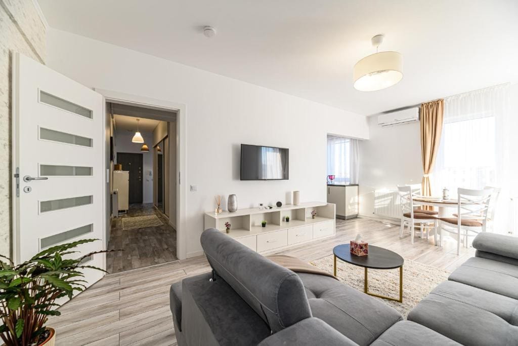 O cameră de zi cu o canapea, un televizor cu ecran plat și un șemineu — apartament în Brașov