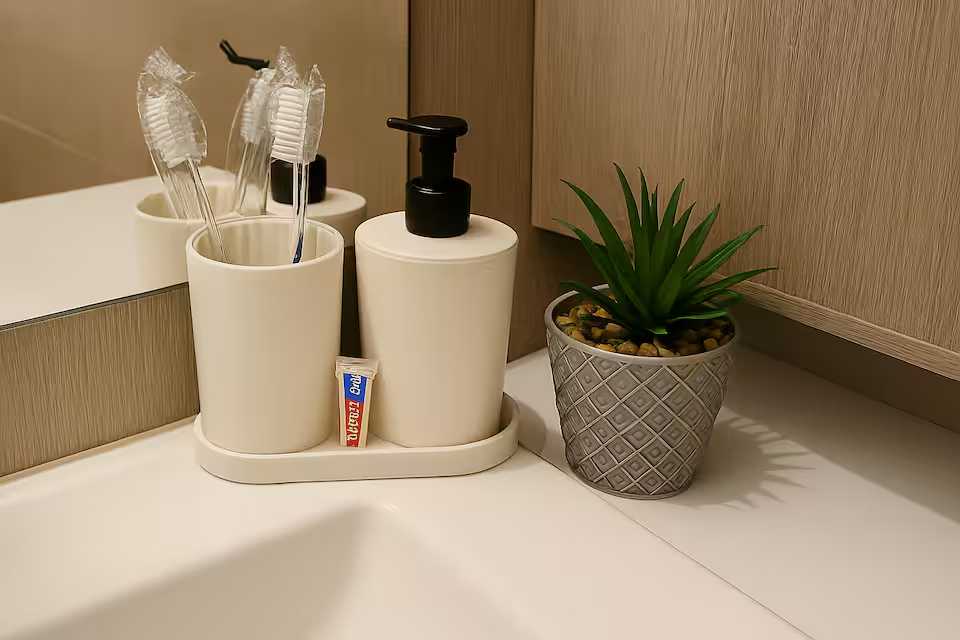 O baie cu o cană și o plantă de oală — apartament în Oradea