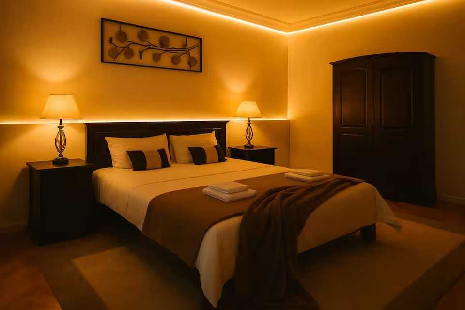 O cameră cu un pat și o lampă — apartament în Oradea