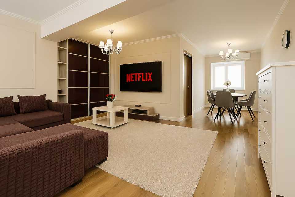 O cameră de zi cu o canapea, un scaun, o masă, un televizor și o fereastră — apartament în Oradea