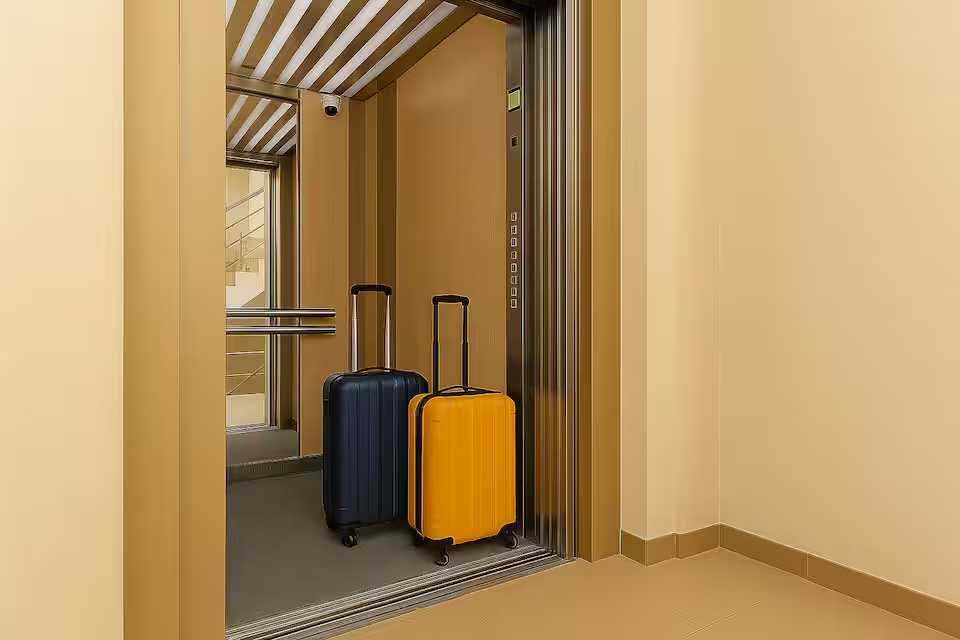 O cameră cu o valiză galbenă și o valiză albastră — apartament în Oradea