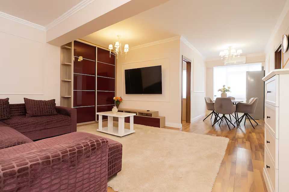 O camera de zi cu canapea, scaun si televizor — apartament în Oradea